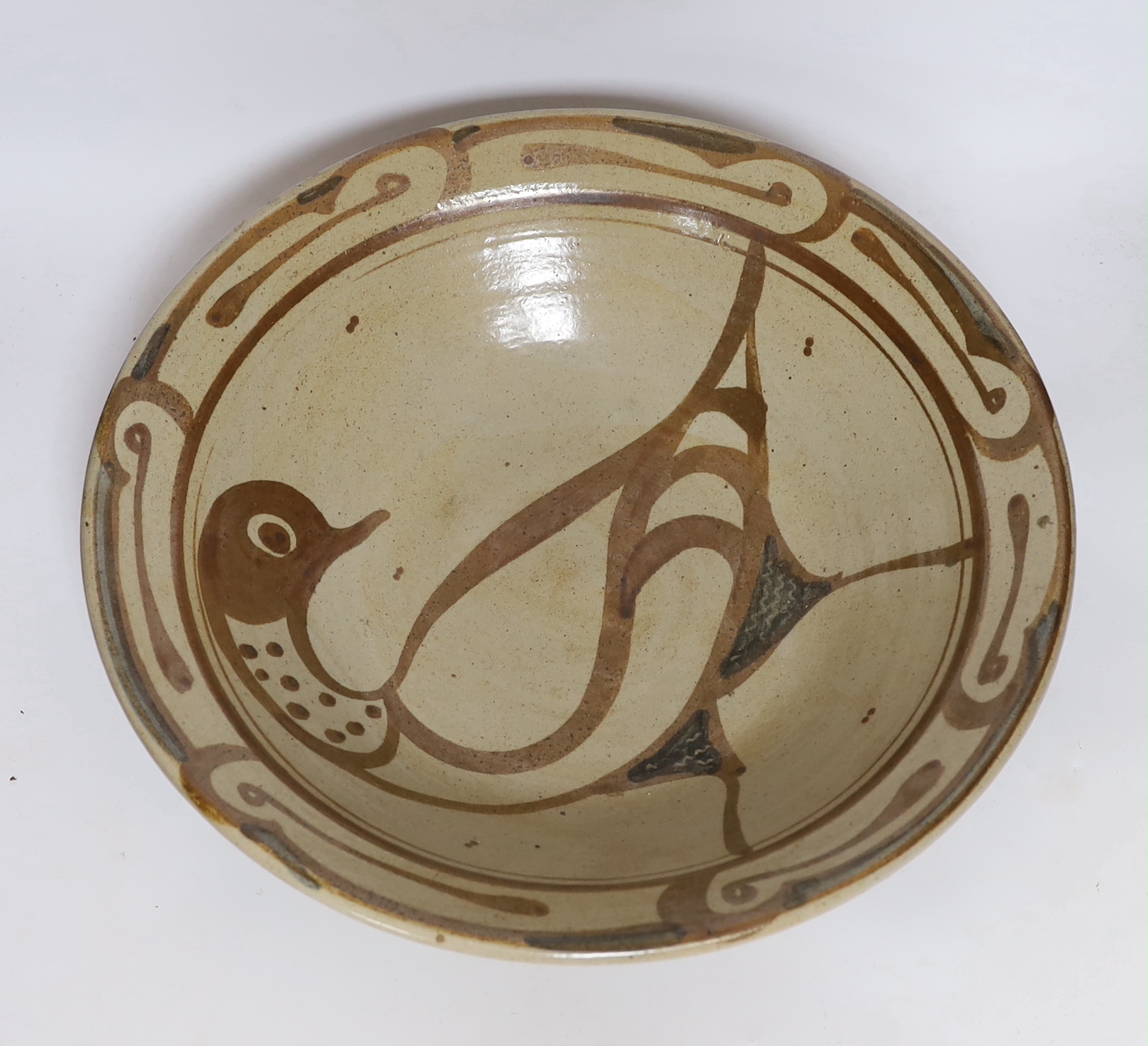 Svend Bayer, (b.1946), a studio pottery stoneware bowl with a stylised bird decoration, 44cm